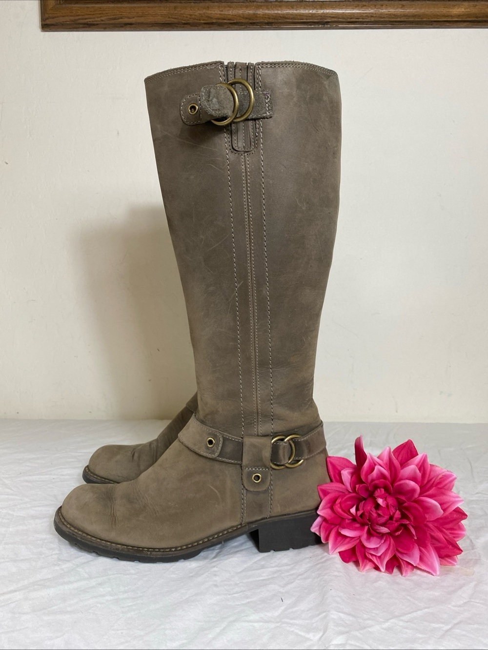 Clarks Orinocco Taupe Knee-High Buckle Riding Boots